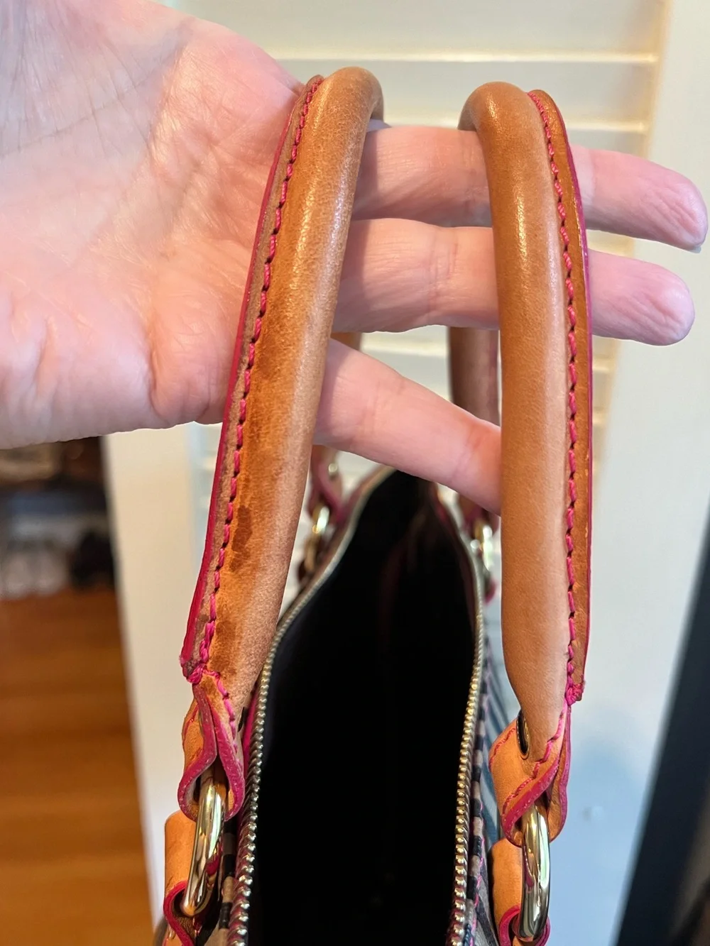 Vintage Inspired Striped Canvas Tote with Tan Leather Handles